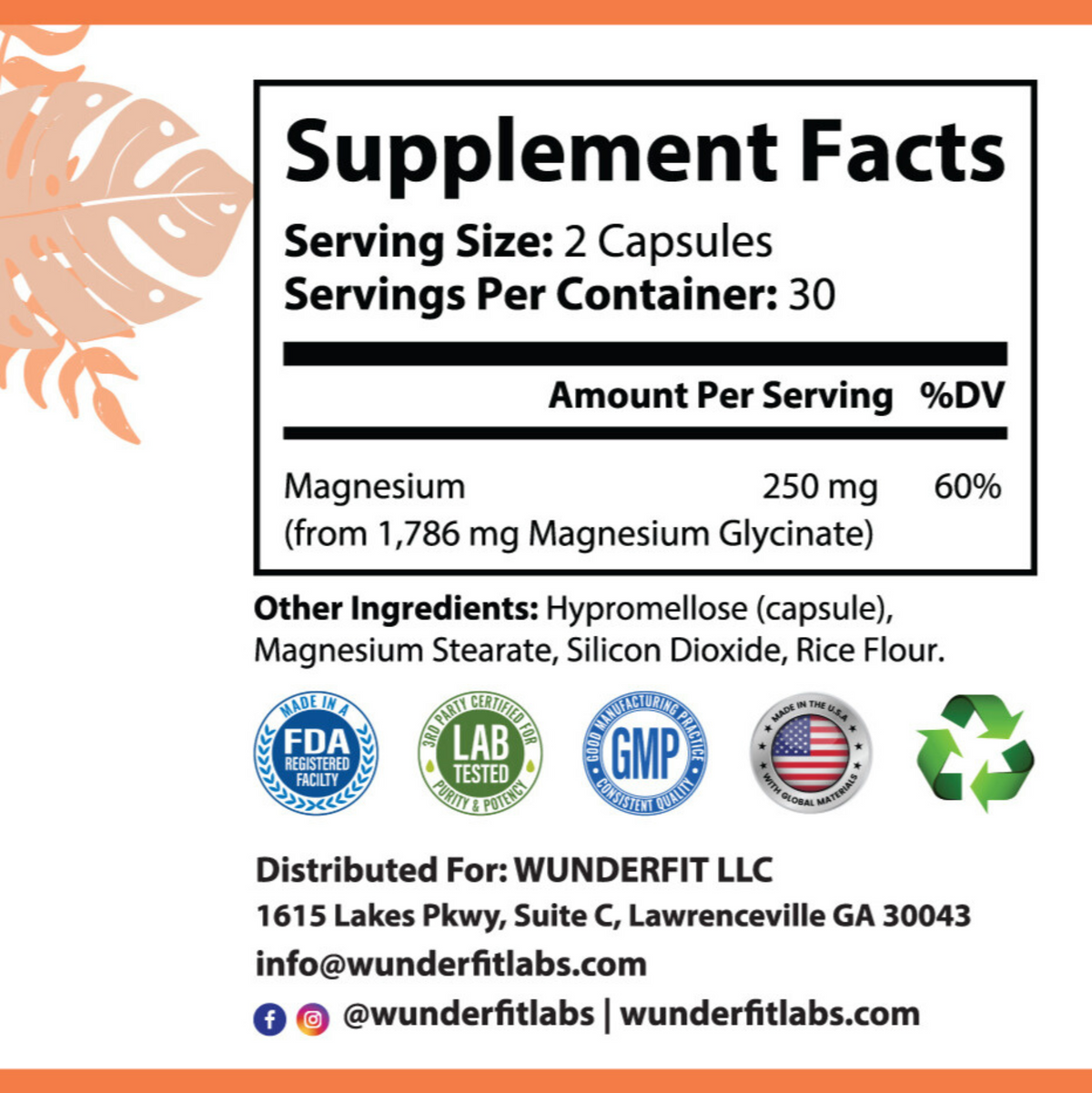 Magnesium Glycinate, Capsules, 30 Servings